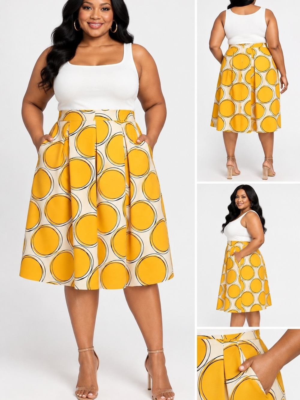 Lane Bryant Orange Circle-Print Midi Skirt with Pockets